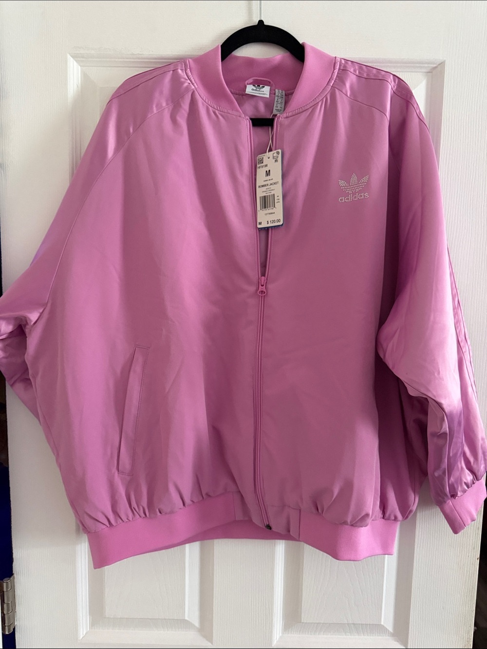 NWT Adidas Originals Pink Satin Bomber Jacket Rhinestone Logo Size Medium